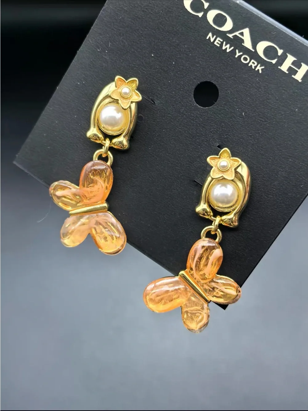 Coach Gold-Tone Orange Butterfly Drop Earrings